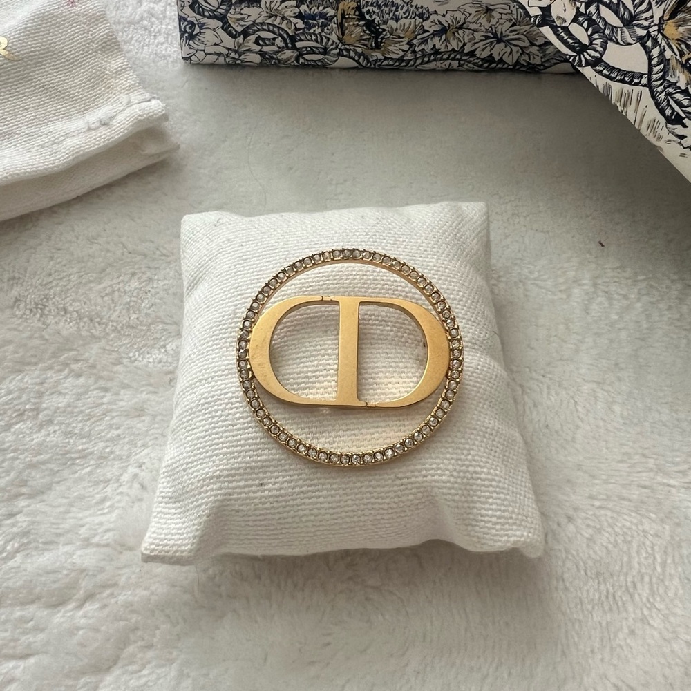 Christian Dior Brooch, gold tone- rhinestone, monogram CD